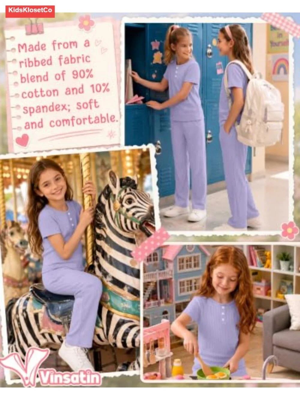 Girls 2 Piece Cotton Outfit Set Short Sleeve Henley Top Pants Ribbed Casual